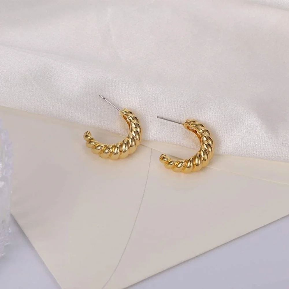 New 18k Gold Plated Twist Puffed Small Hoop Push Back Stud Minimalist Earrings